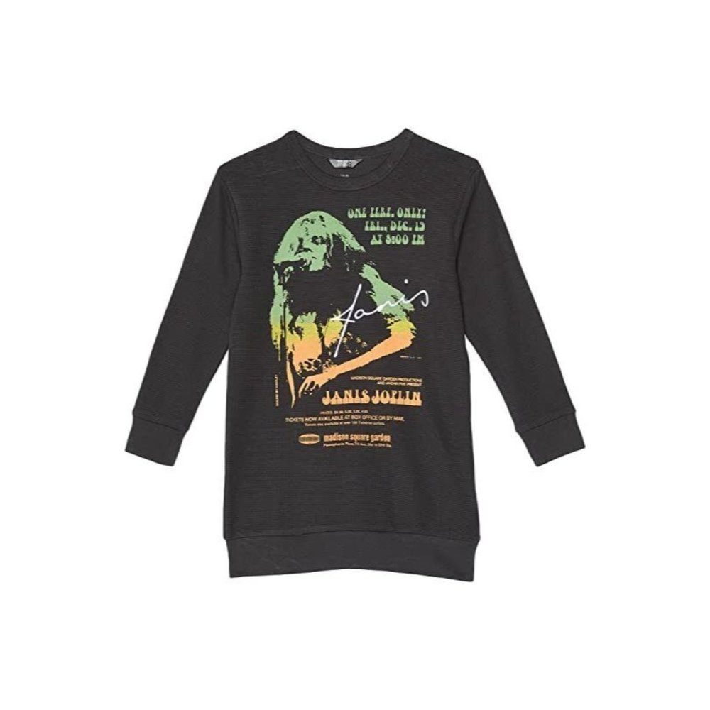 NWT TRUCE Kids' Janis Joplin Long Sleeve Cotton Graphic Dress Dark Grey Size L